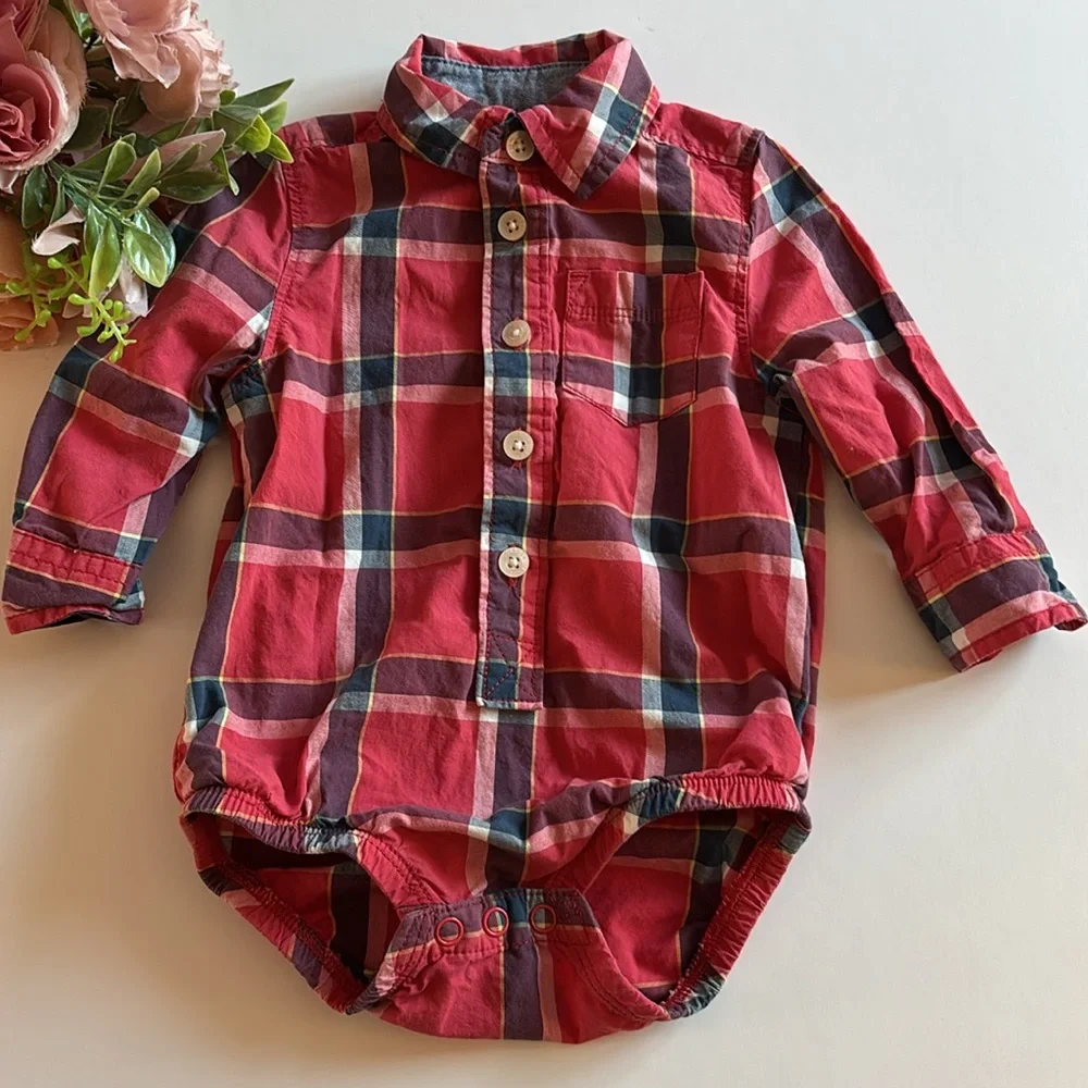 Oshkosh Boys 6M Button Down red Shirt Snap bottom Oshkosh 6 month bodysuit